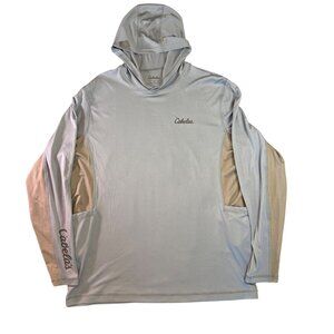 Cabelas Mens Long-Sleeve Hooded Shirt L Light Blue/Tan Polyester Blend Pockets